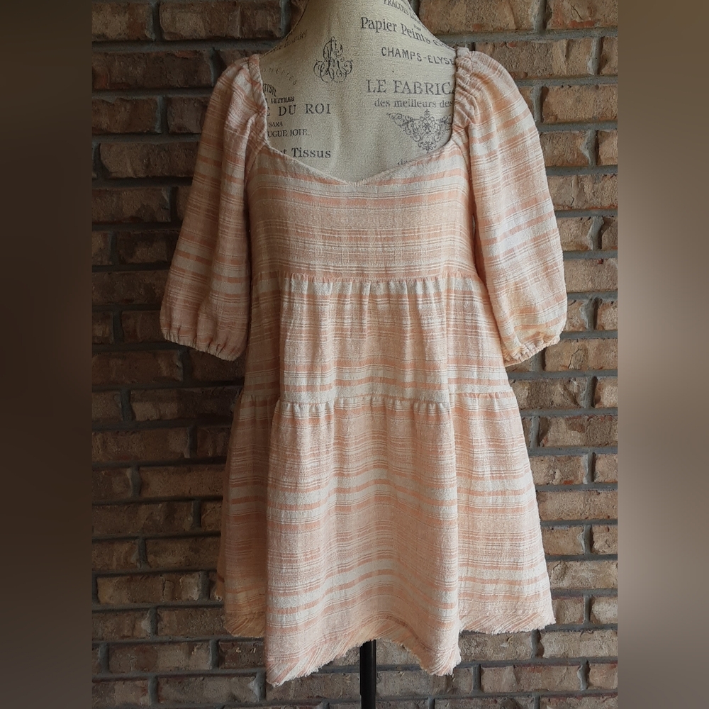 By Together Collection Soft Peach Stripe Puff Sleeve Tunic Top.